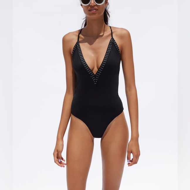 Zara Sparkly Cross Strap Swimsuit Black Nwt